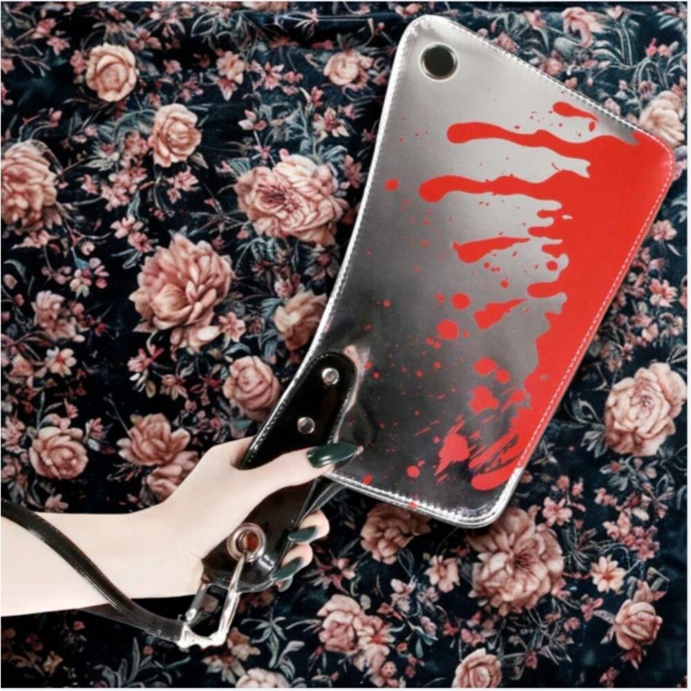 Meat Cleaver Purse Crossbody Wristlet Silver w/Blood Splatters Handbag Halloween